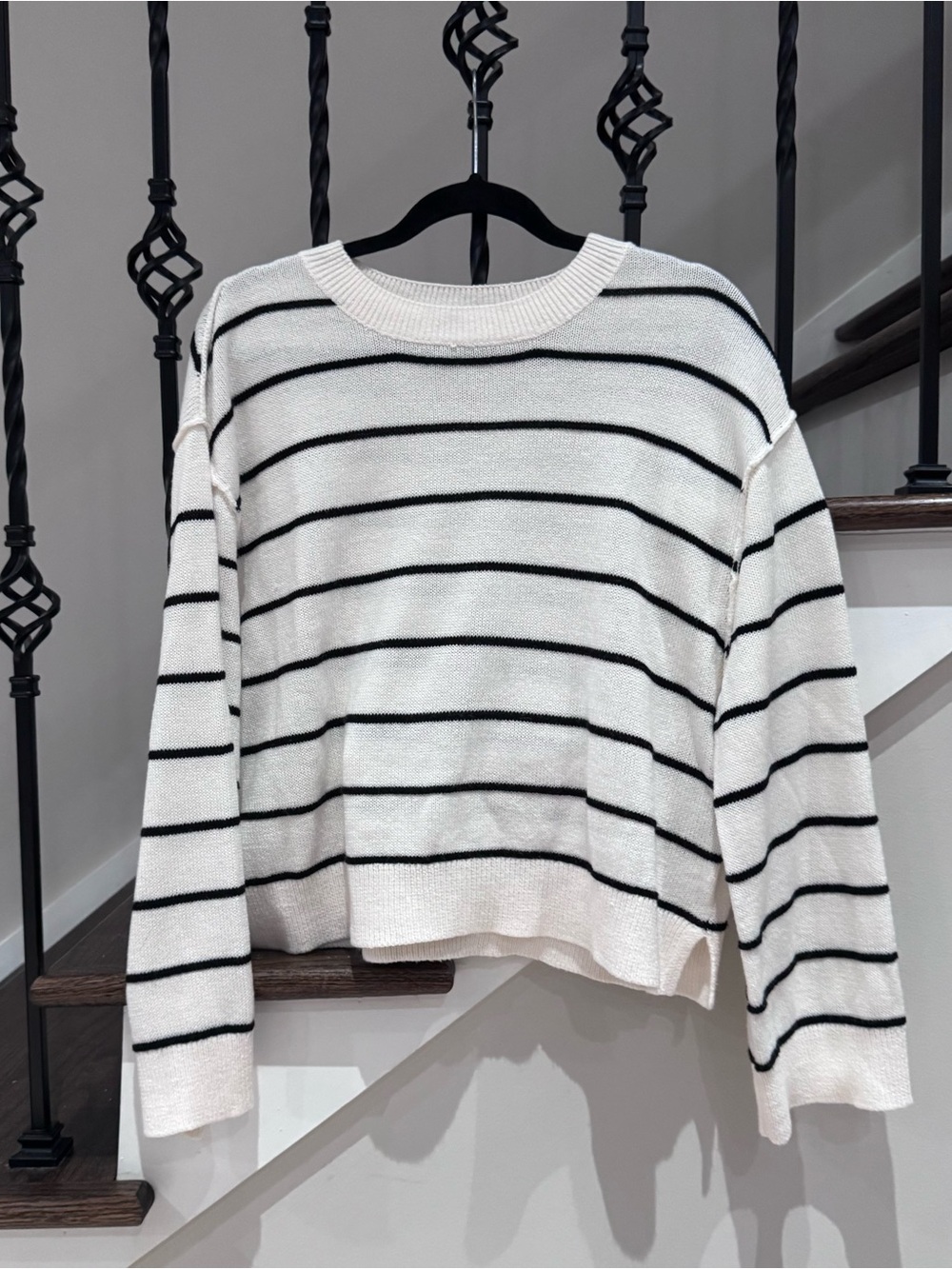 H&M Crewneck Sweater Top - White with Black Stripes
